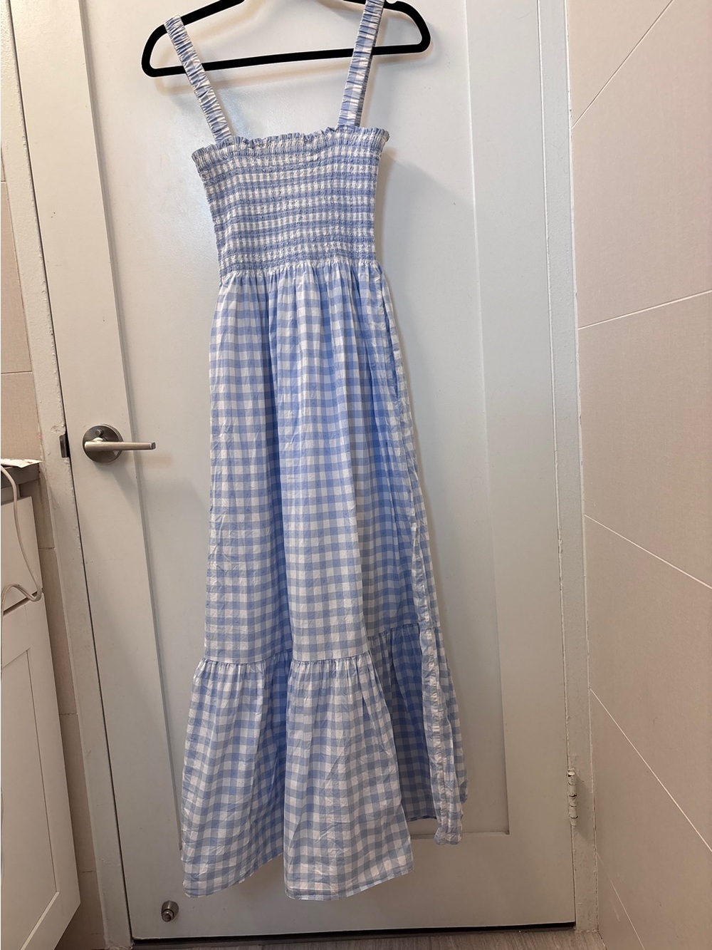Hill House Anjuli Blue Jacquard Check Smocked Maxi Dress